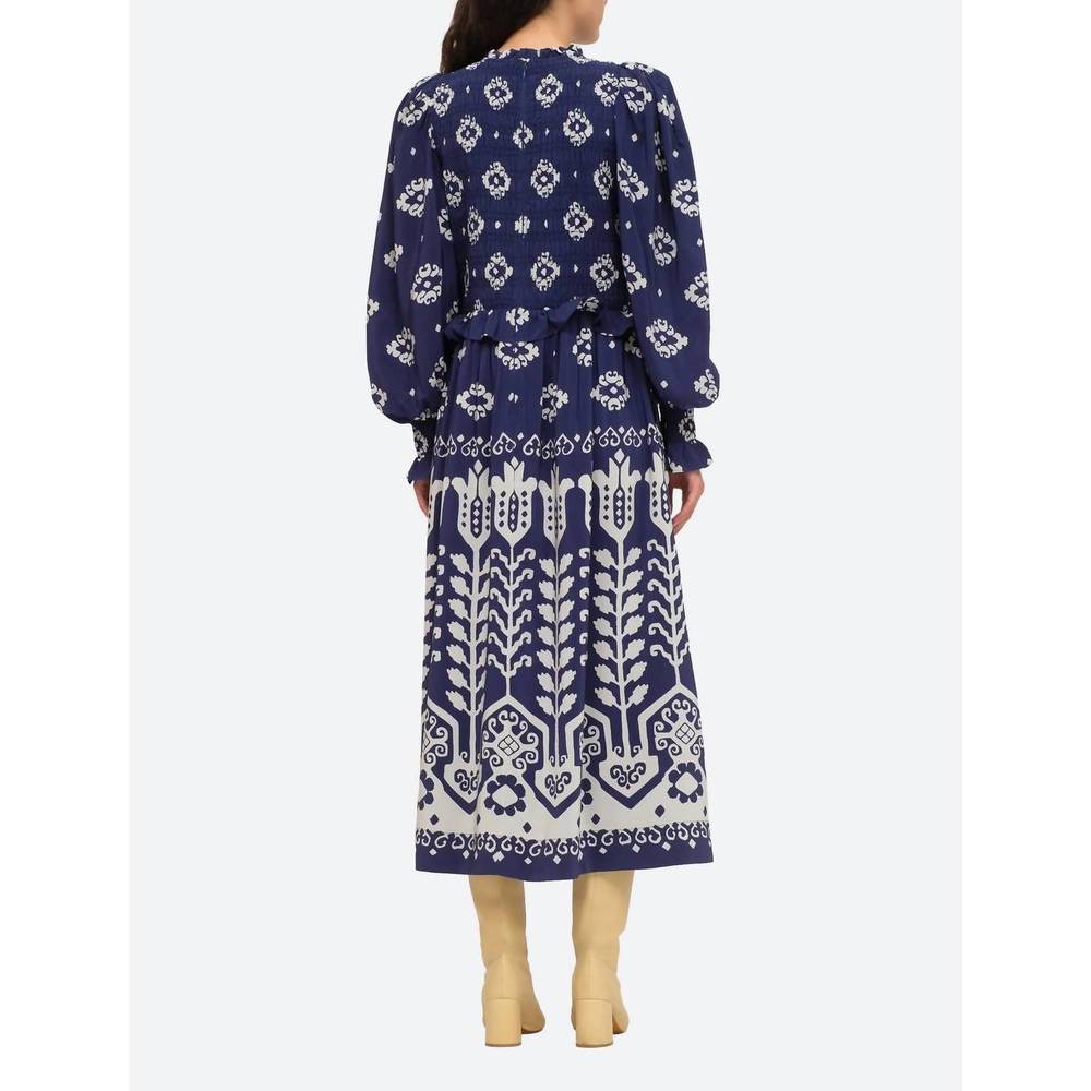 NEW SEA sonia long sleeve smocked dress in navy - Picture 3 of 4